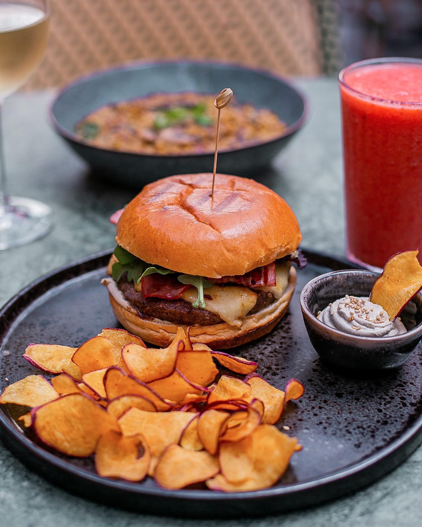 American burger with sweet potato chips